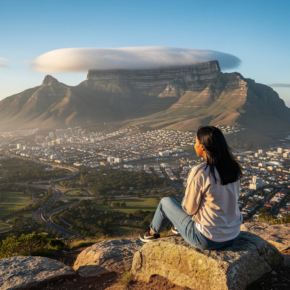 Table Mountain Cape Town with South African student looking out at the city