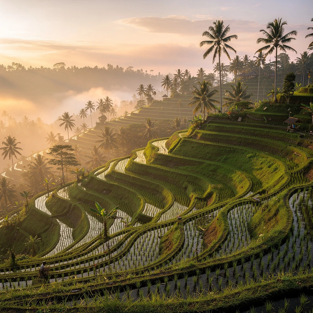 Tegallalang Rice Terraces Bali at sunrise with morning mist