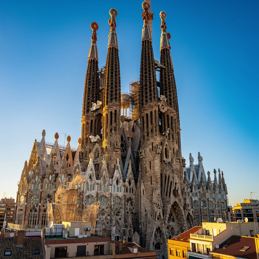 Barcelona Sagrada Familia basilica against Mediterranean blue sky