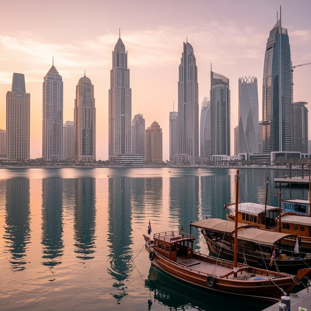 Dubai Marina skyline at dawn with rose-gold sunrise reflections