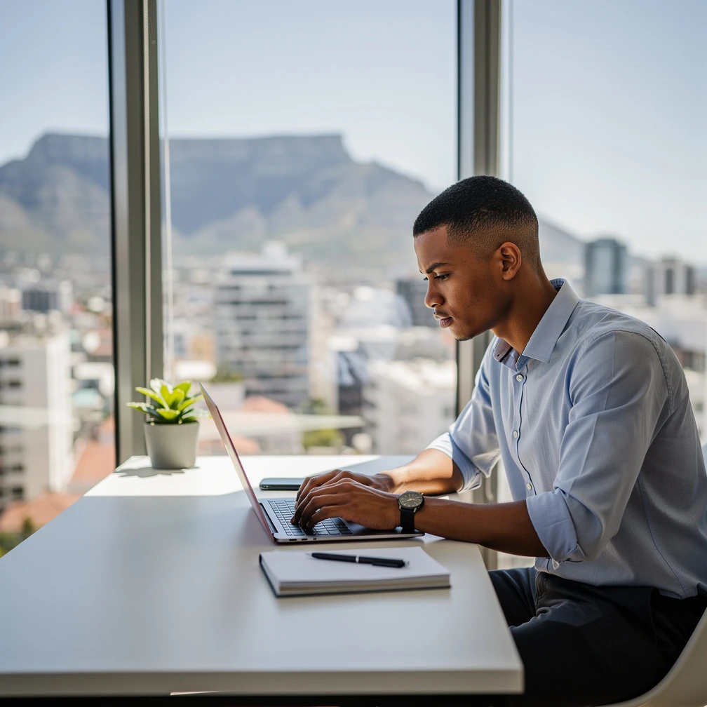 South African student writing international internship CV at apartment desk overlooking Cape Town