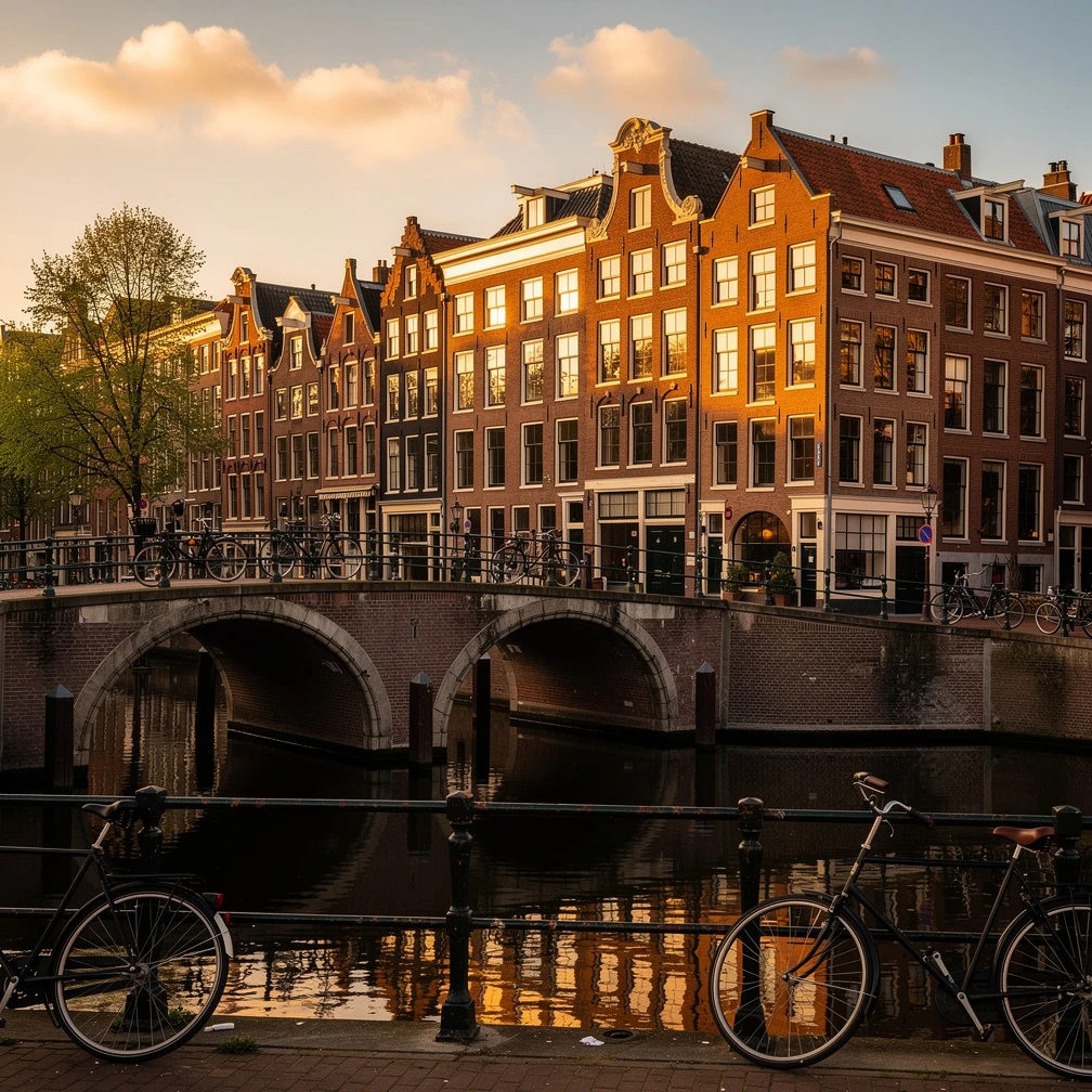 Amsterdam Herengracht canal at golden hour with historic gabled houses