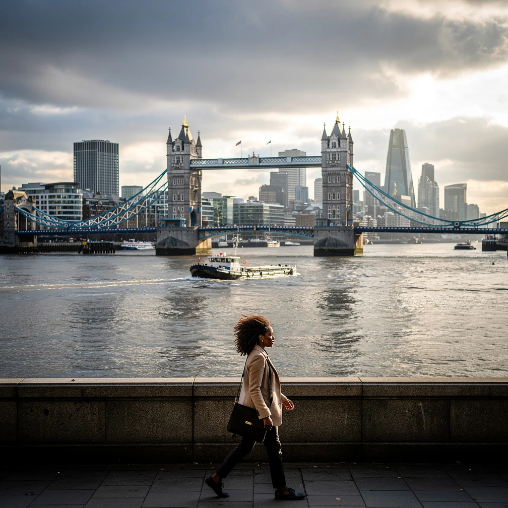 South African student on London Thames embankment with Tower Bridge 2026
