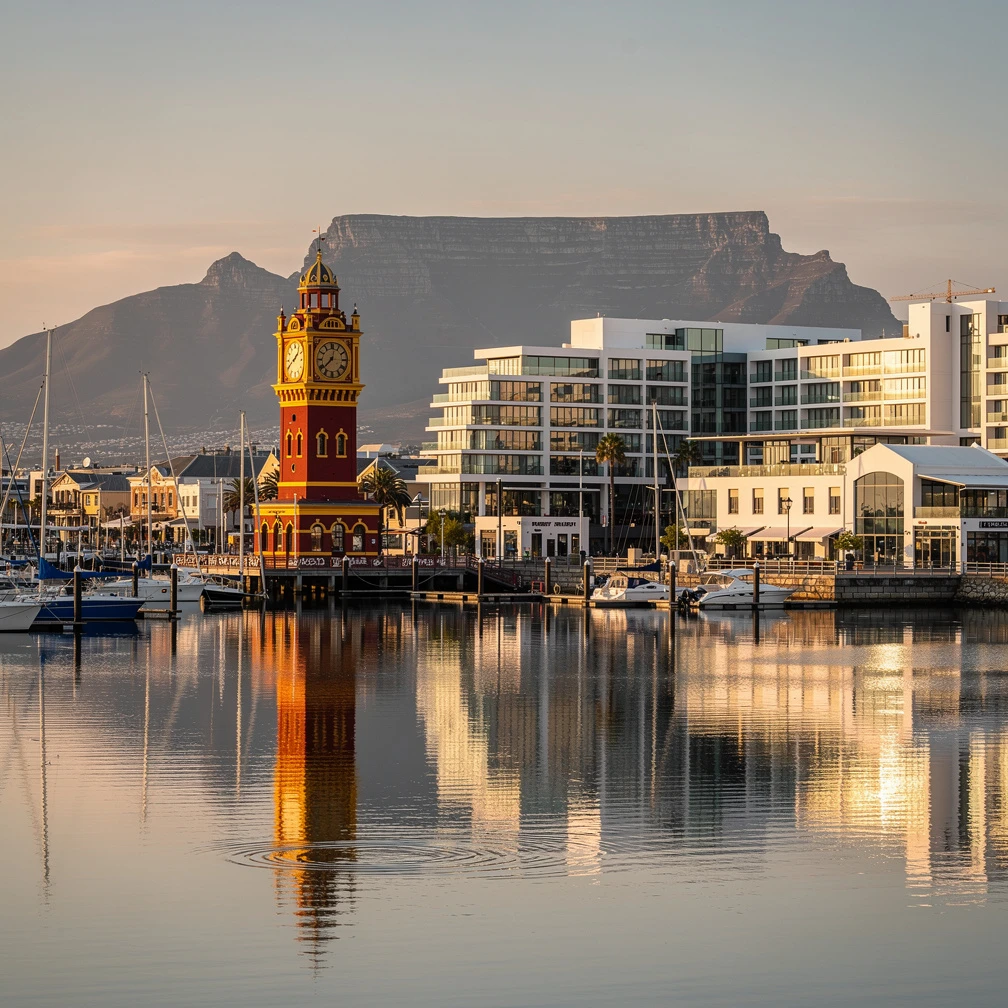 V&A Waterfront Cape Town at golden hour with Table Mountain in background