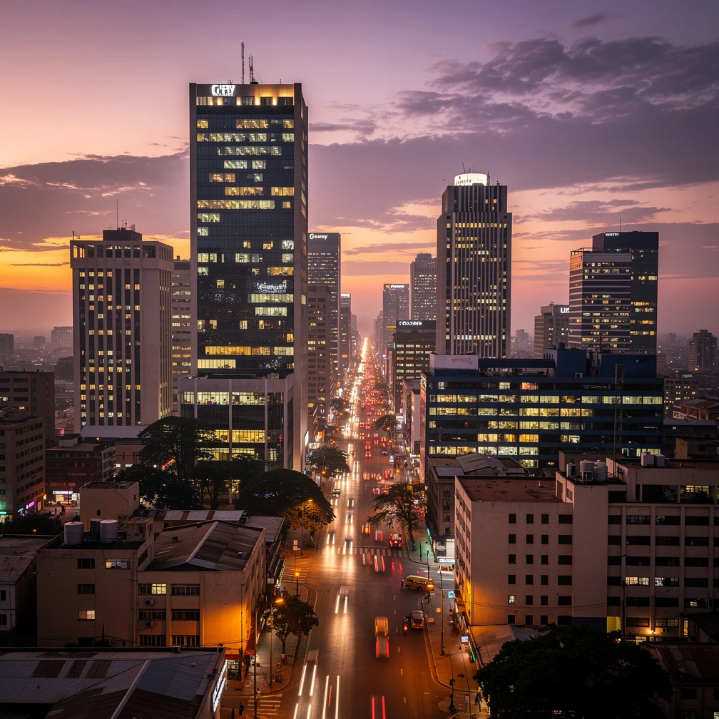 Nairobi CBD skyline at dusk with illuminated modern office towers