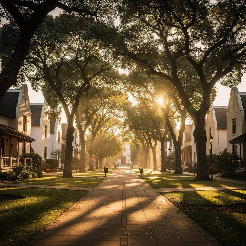 Stellenbosch University Cape Dutch architecture in golden afternoon light