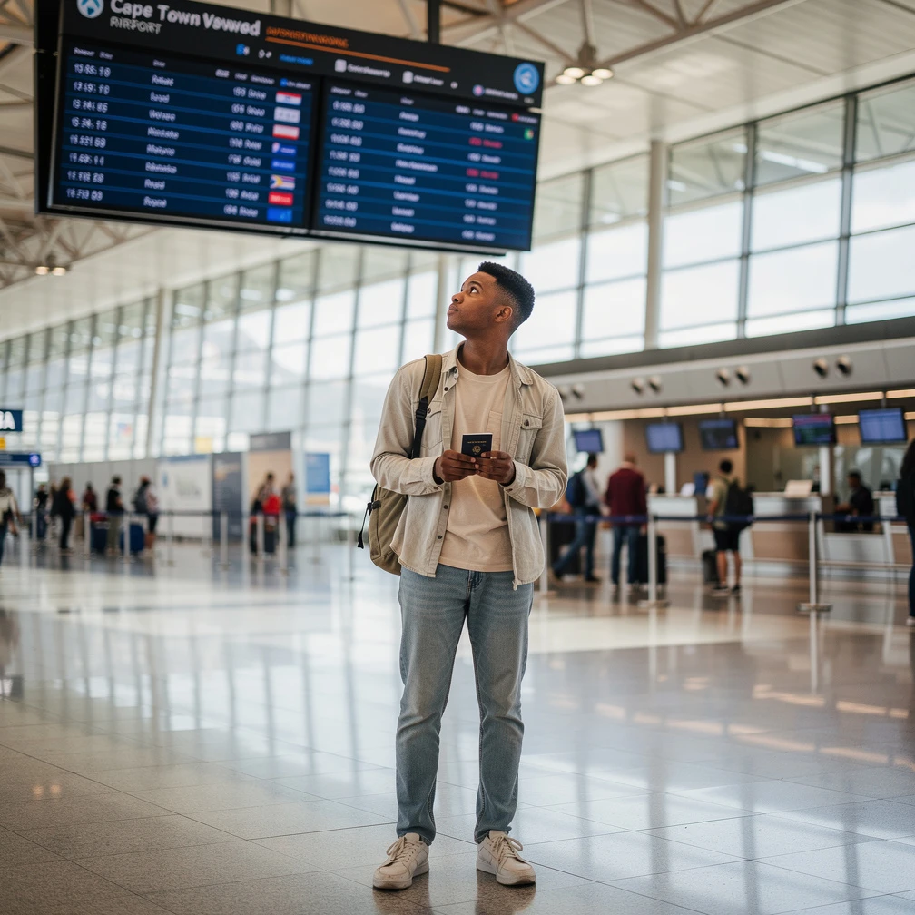 South African student at Cape Town airport with passport before international internship